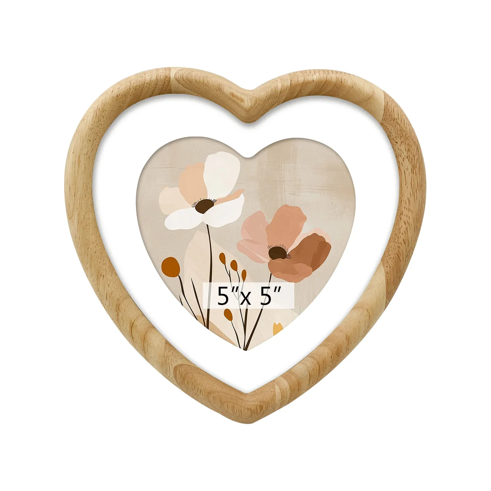 Natural Wood Grain Double‑Heart Mat Photo Frame 5×5”